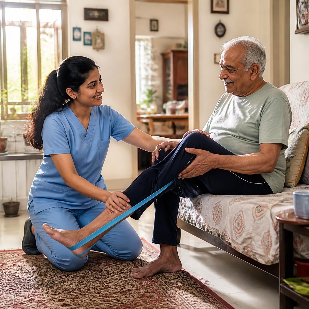 Carebay physiotherapist helping a patient at home in Delhi